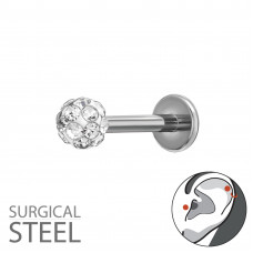 3mm Crystal Ball Tragus, Helix, Upper Ear Piercing on 1.2x8mm (16G) 316 Surgical Steel Threaded Barbell with Flat Back Disc