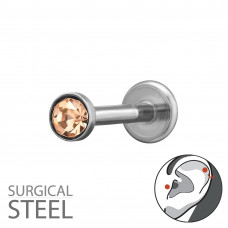 3mm Round with 2.5mm Crystal Tragus, Helix, Upper Ear Piercing on 1.2x8mm (16G) 316 Surgical Steel Threaded Barbell with Flat Back Disc