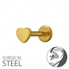 3mm Heart Tragus, Helix, Upper Ear Piercing on 1.2x8mm (16G) 316 Surgical Steel Gold Color Threaded Barbell with Flat Back Disc
