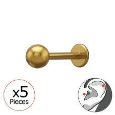 4mm Ball Tragus, Helix, Upper Ear Piercing on 1.2x8mm (16G) 316 Surgical Steel Gold Color Threaded Barbell with Flat Back Disc x5