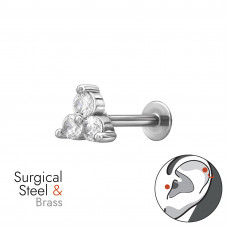 Triangle Brass Tragus, Helix, Upper Ear Piercing External Threaded with 3x Cubic Zirconia on 1.2x8mm (16G) 316 Surgical Steel Threaded Barbell with Flat Back Disc