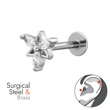 Flower Brass Tragus, Helix, Upper Ear Piercing External Threaded with 7x Cubic Zirconia on 1.2x8mm (16G) 316 Surgical Steel Threaded Barbell with Flat Back Disc