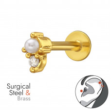 Oval Brass Gold Plated Tragus, Helix, Upper Ear Piercing External Threaded with Imitation Pearl and Crystal on 1.2x8mm (16G) 316 Surgical Steel Gold Plated Barbell with Flat Back Disc