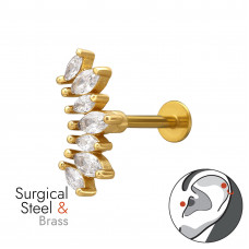 Curved Marquise Fan Brass Gold Plated Tragus, Helix, Upper Ear Piercing External Threaded with Cubic Zirconia on 1.2x8mm (16G) 316 Surgical Steel Gold Plated Barbell with Flat Back Disc