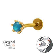 Round 6 Prong Brass Gold Plated Tragus, Helix, Upper Ear Piercing External Threaded with Imitation Opal on 1.2x8mm (16G) 316 Surgical Steel Gold Plated Barbell with Flat Back Disc