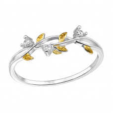 Leaf Sterling Silver Ring with 3x Cubic Zirconia (Two-Tone Plated)