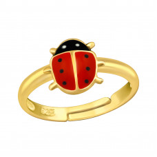 Ladybug 8mm Children's Sterling Silver Gold Plated Adjustable Ring with Epoxy