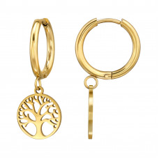 12mm Stainless Steel Gold Color Hoop with Dangling 11mm Tree of Life