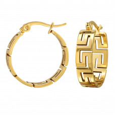 22mm Greek Key Pattern Stainless Steel Gold Color Hoops with French Lock