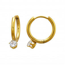 2x16mm Stainless Steel Gold Color Hoop with Round 6mm Cubic Zirconia