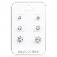 High Polish Surgical Steel Round 3mm, 4mm and 6mm Ear Studs Set with Cubic Zirconia on Card