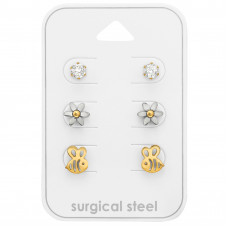 High Polish Gold Surgical Steel Nature Ear Studs Set with Cubic Zirconia on Card