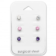 High Polish Stainless Steel Set with Round 4mm Cubic Zirconia on Card