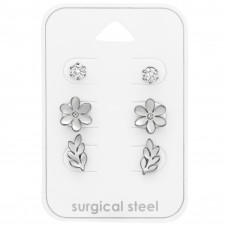 High Polish Surgical Steel Round, Flower and Olive Branch Ear Studs Set with Cubic Zirconia and Crystal on Card