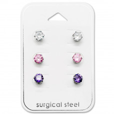 High Polish Surgical Steel Round 5mm Ear Studs Set with Cubic Zirconia on Card