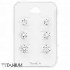Titanium Round 4mm, 5mm and 6mm Ear Studs Set with Cubic Zirconia on Card