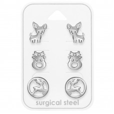Deer and Reindeer Stainless Steel Ear Studs Set and Jewelry on Card