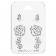 Tulip, Rose and Flowers Stainless Steel Ear Studs Set and Jewelry on Card
