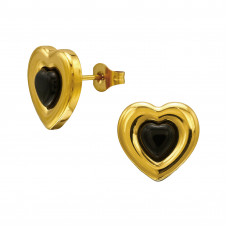 13mm Heart Stainless Steel Gold Color Ear Studs with Cat Eye Stone