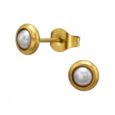 Round 6mm Stainless Steel Gold Color Ear Studs with Imitation Pearl