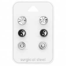 High Polish Surgical Steel Jeweled Yin Yang and Swirl Round Ear Studs Set with Crystal on Card