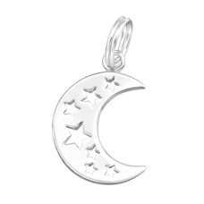 Silver Crescent Moon and Stars Charm with Split ring