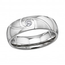 Domed Swirling Grooves Stainless Steel Ring with 2mm Cubic Zirconia