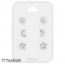 Titanium Round, Crescent Moon and Star Ear Studs Set with Crystal on Card