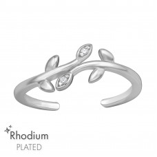 Leaves Sterling Silver Rhodium Plated Adjustable Toe Ring with Cubic Zirconia