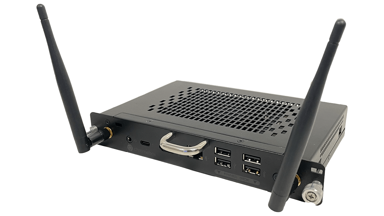 SMART Chromebox fully compatible with SMART Board interactive displays with visible antennas and Google Chrome logo in the background.